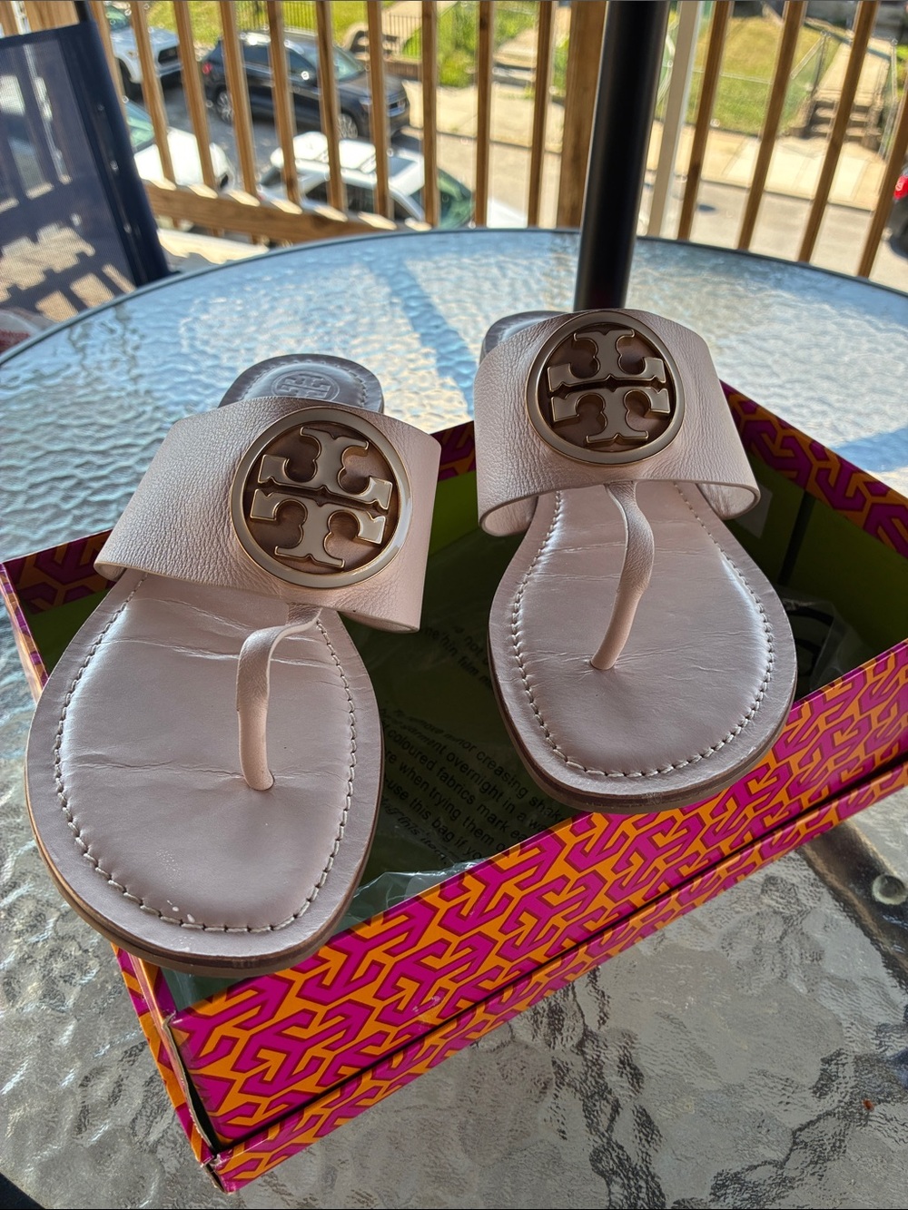 Tory Burch Blush Leather Thong Sandals with Gold Logo